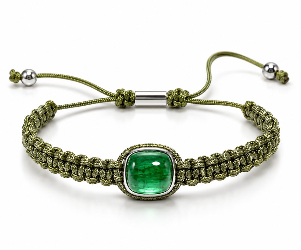 Makramee-Armband mit grünem Turmalin-Cabochon in Kissenform, 9,71 ct, Fassung aus Silber