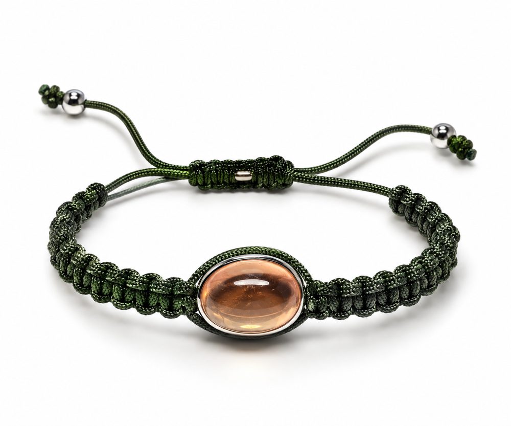 Makramee-Armband mit Rosenquarz-Cabochon, oval, 13,37 ct, Fassung aus Silber
