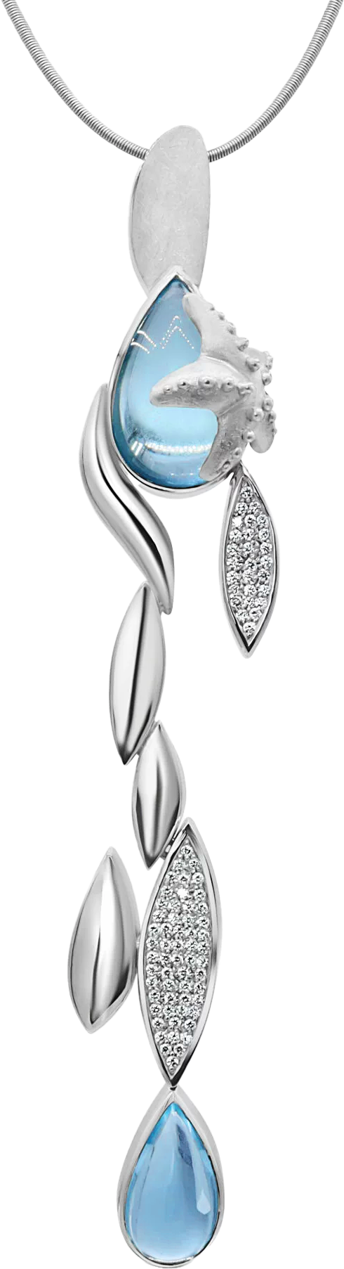Spirit of the Ocean – Anhänger in Silber mit zwei Aquamarin-Cabochons in Tropfenform (17,90 und 7,65 ct) und 83 Brillanten (0,73 ct), Unikat von Marcel Gebert